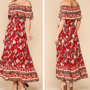 Red Tropical Floral Print Off the Shoulder Boho Midi Dress Tropical Print Dress